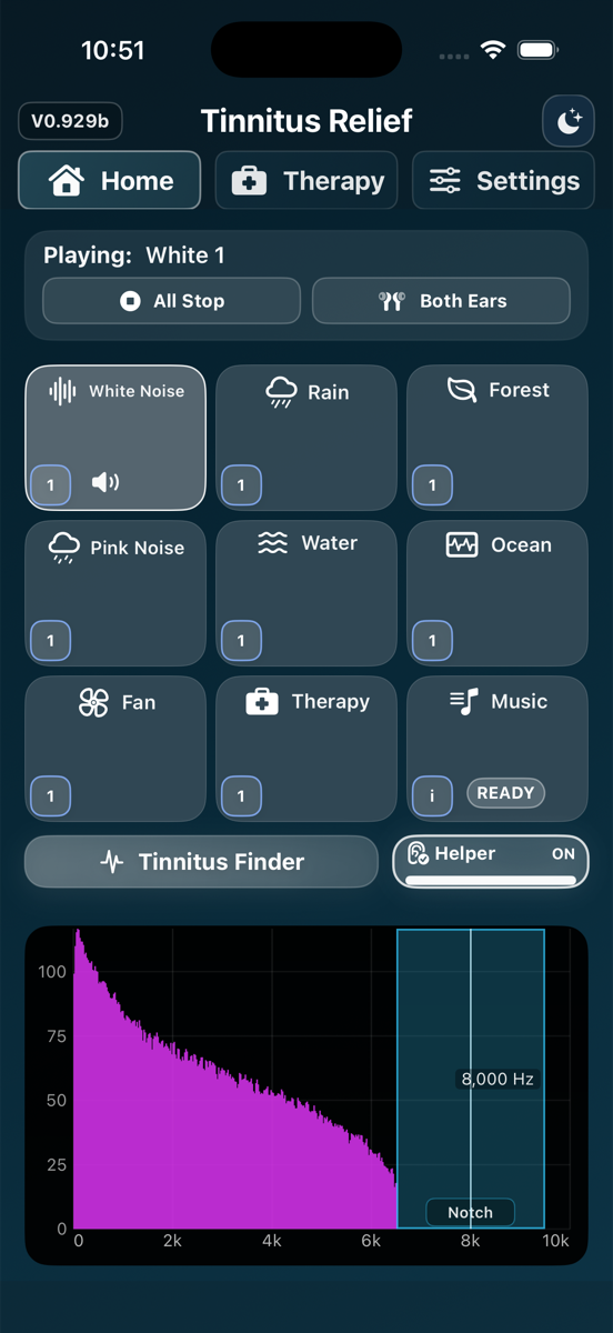 Tinnitus Relief home screen on iPhone showing White Noise playing and the live notch graph.